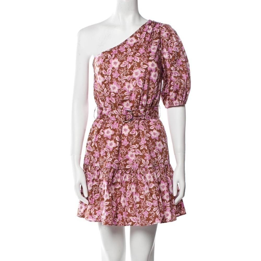 New Jason Wu One Shoulder Puff Sleeve Floral Belted Mini Dress Pink Tan XS